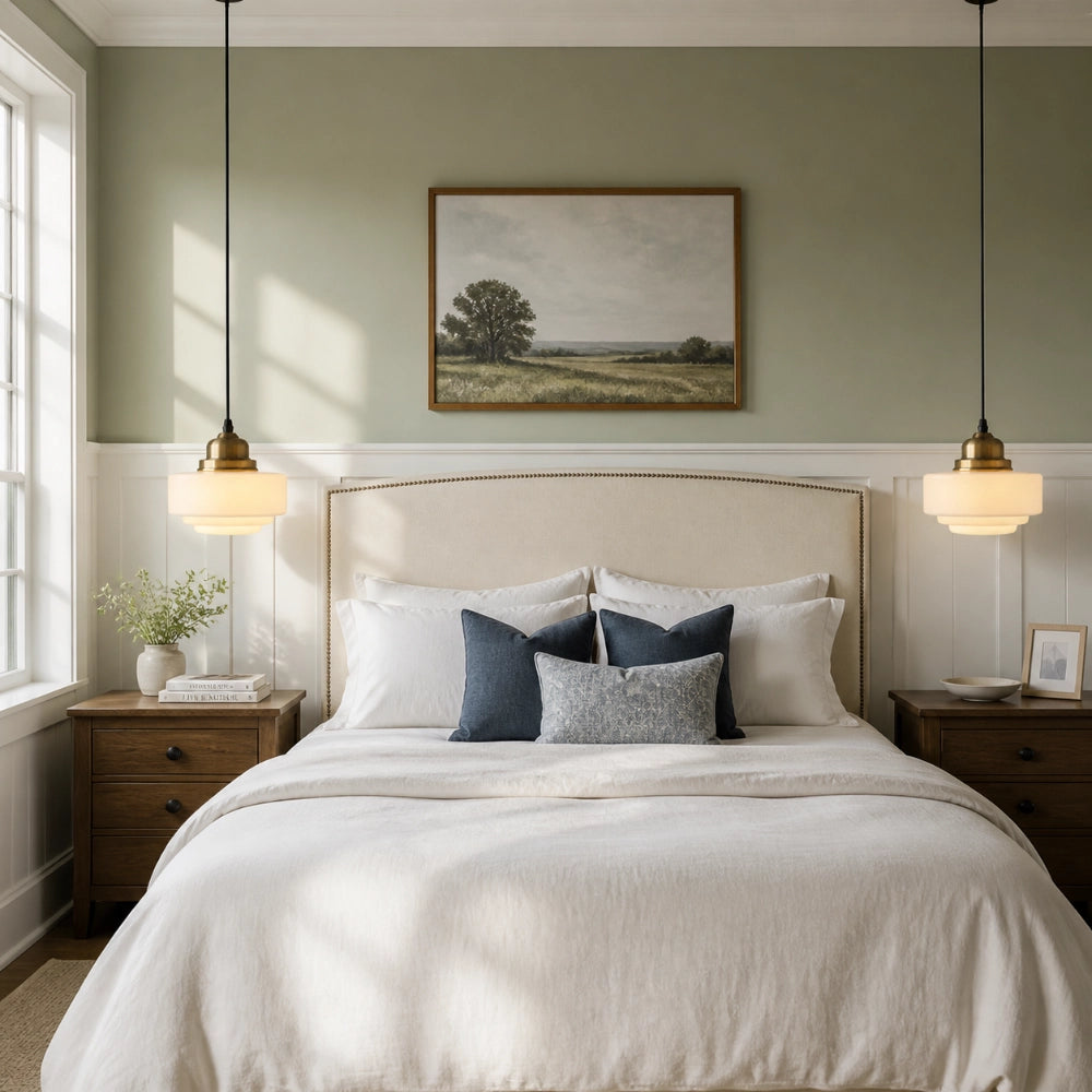 Orion Vintage Milk Glass Pendant Light beside bed