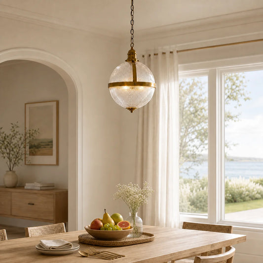 Preston Vintage Brass Ribbed Glass Globe Pendant Light