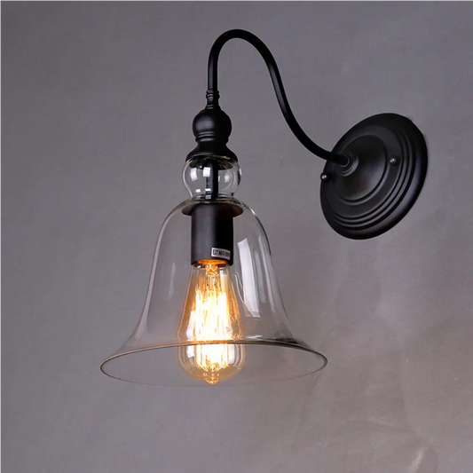 Alden Vintage Black Clear Bell Glass Shade Wall Sconce
