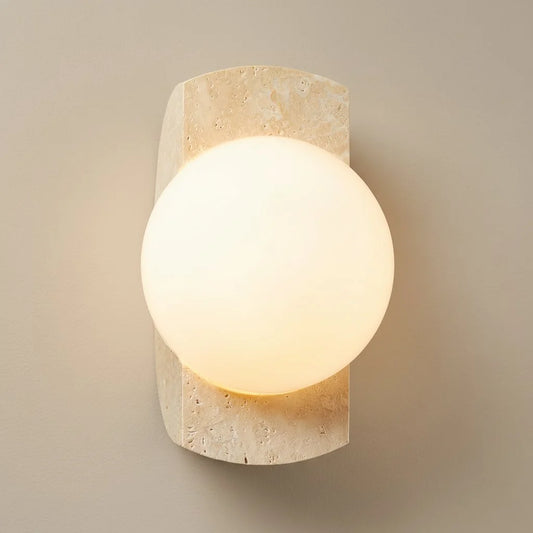 Robin Minimalist Travertine & Opaline Glass Globe Wall Sconce