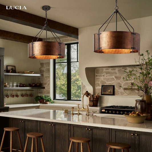 Rustic Bronze Industrial Drum Shade Pendant Light