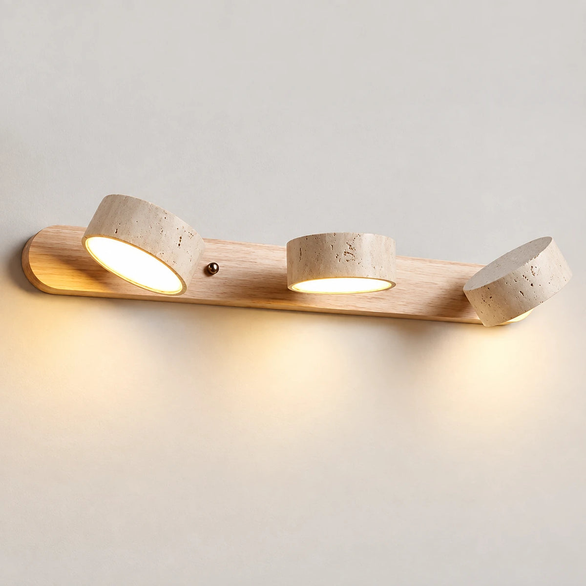 Elias travertine wall sconce, 3 heads, Natural Wood, lights on