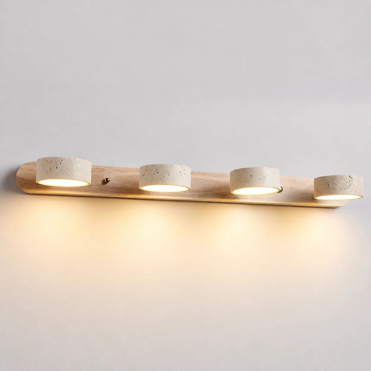 Elias travertine wall sconce, 4 heads, Natural Wood, lights on