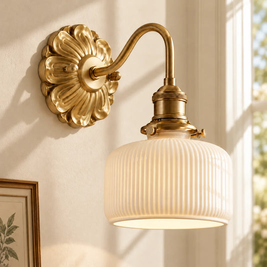 Sable Vintage Brass White Ceramic Wall Sconce