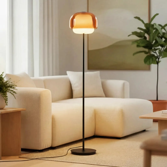 Sanae Moderne Stehlampe mit rundem Schirm aus farbigem Glas 