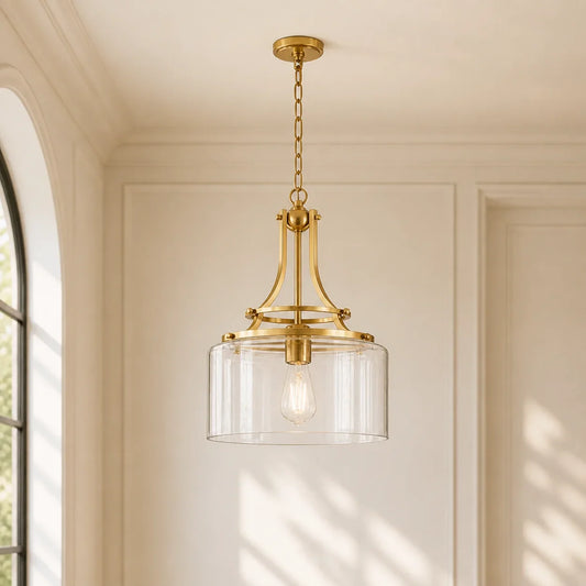 Sawyer Farmhouse Brushed Brass Clear Glass Cylinder Pendant Light