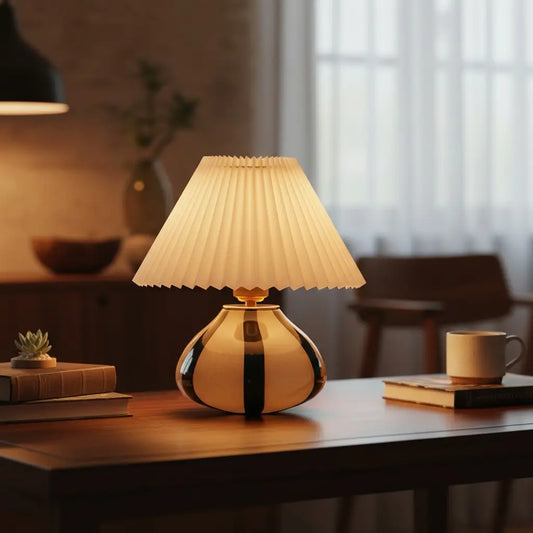 Sylara Mid Century Pleated Fabric Glass Table Lamp