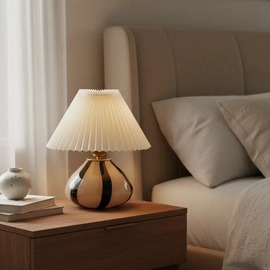 Sylara Mid Century Pleated Fabric Glass Table Lamp