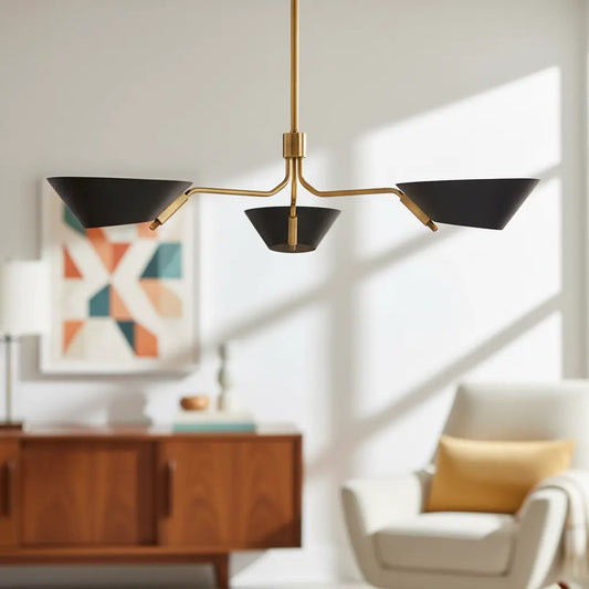 Tate Mid-Century Iron Brass 3-Light Chandelier