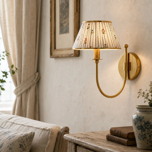 Ursula Retro Farmhouse Brass Fabric Shade Wall Sconce