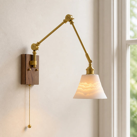 Veya Walnut Brass Ceramic Swing Arm Wall Sconce