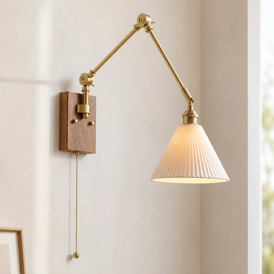 Veya Walnut Brass Ceramic Swing Arm Wall Sconce