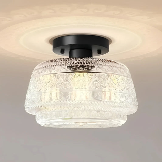 Veyra Vintage Engraved Glass Flush Ceiling Light