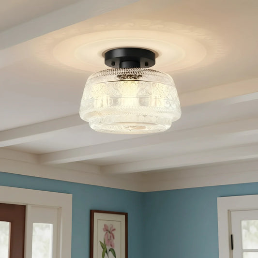 Veyra Vintage Engraved Glass Flush Ceiling Light