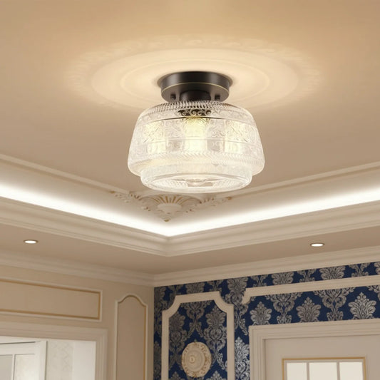 Veyra Vintage Engraved Glass Flush Ceiling Light