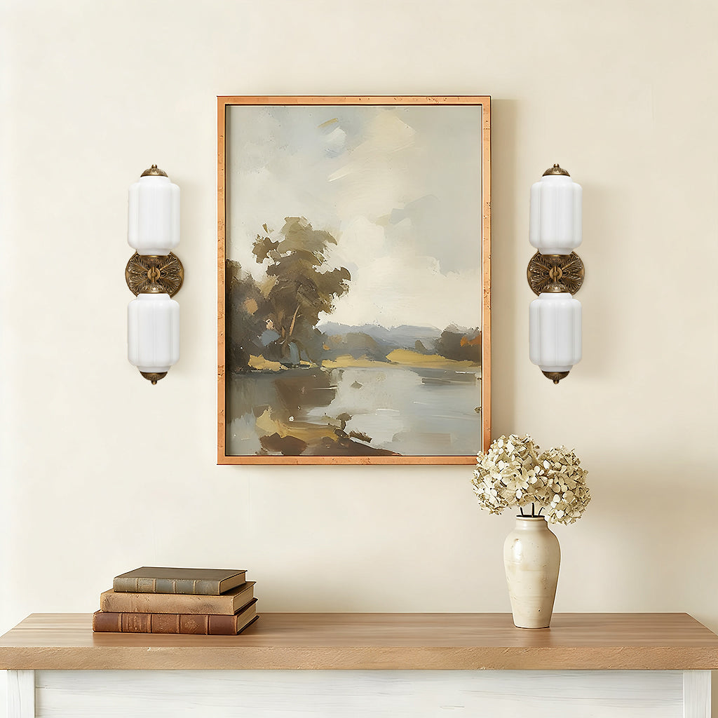 Vintage Art Deco Milk Glass Eloise Vanity Light Fixture