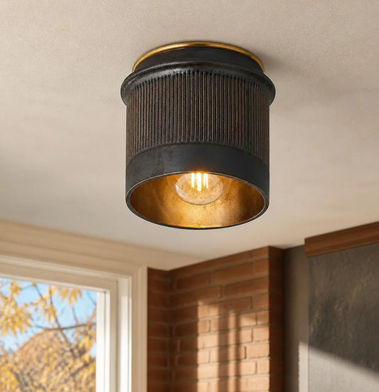 Vintage Rustic Black Metal Industrial Flush Mount Ceiling Light