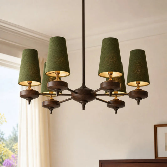 Virelia Mid-Century Walnut Fabric Shade Chandelier