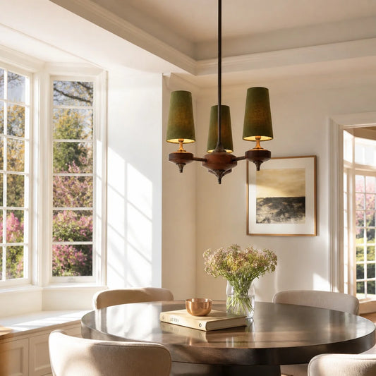 Virelia Mid-Century Walnut Fabric Shade Chandelier