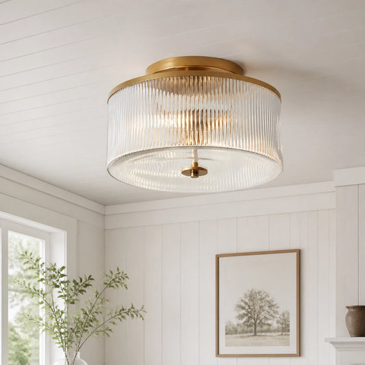 Vireo Farmhouse Drum-Shaped Ribbed Glass Ceiling Light