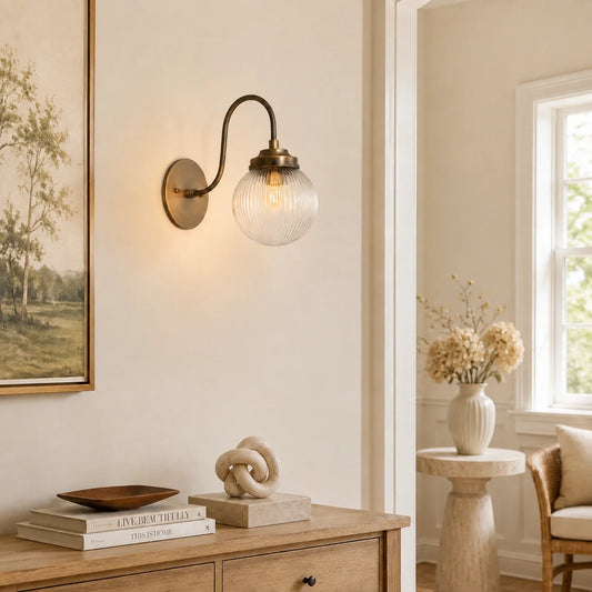 Wesley Antique Brass Ribbed Glass Globe Wall Light