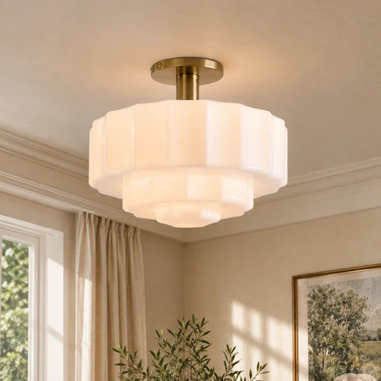 Wren Modern Tiered Textured Milk Glass Flush Mount (14")