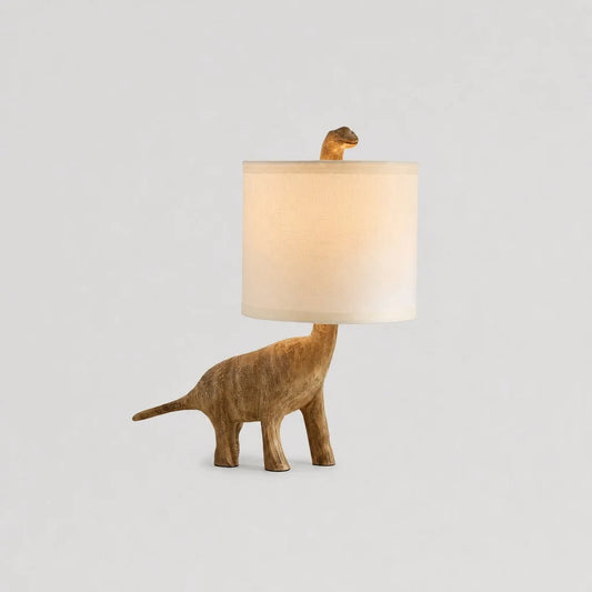 Wrend Modern Linen Shade Dinosaur Carved Wood Table Light