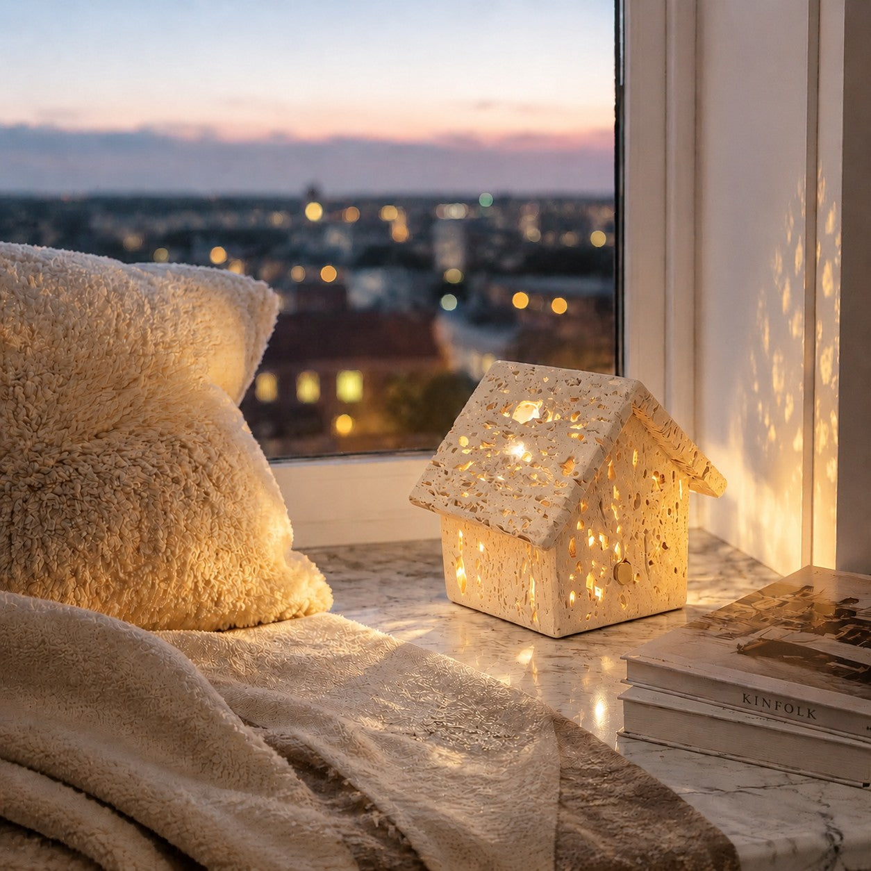 Wrenn Wabi Sabi Travertine House Shaped Table Lamp | LuciaLiving
