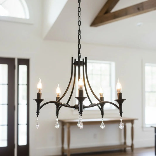 Vintage Black Iron Crystal Drop Candle Chandelier
