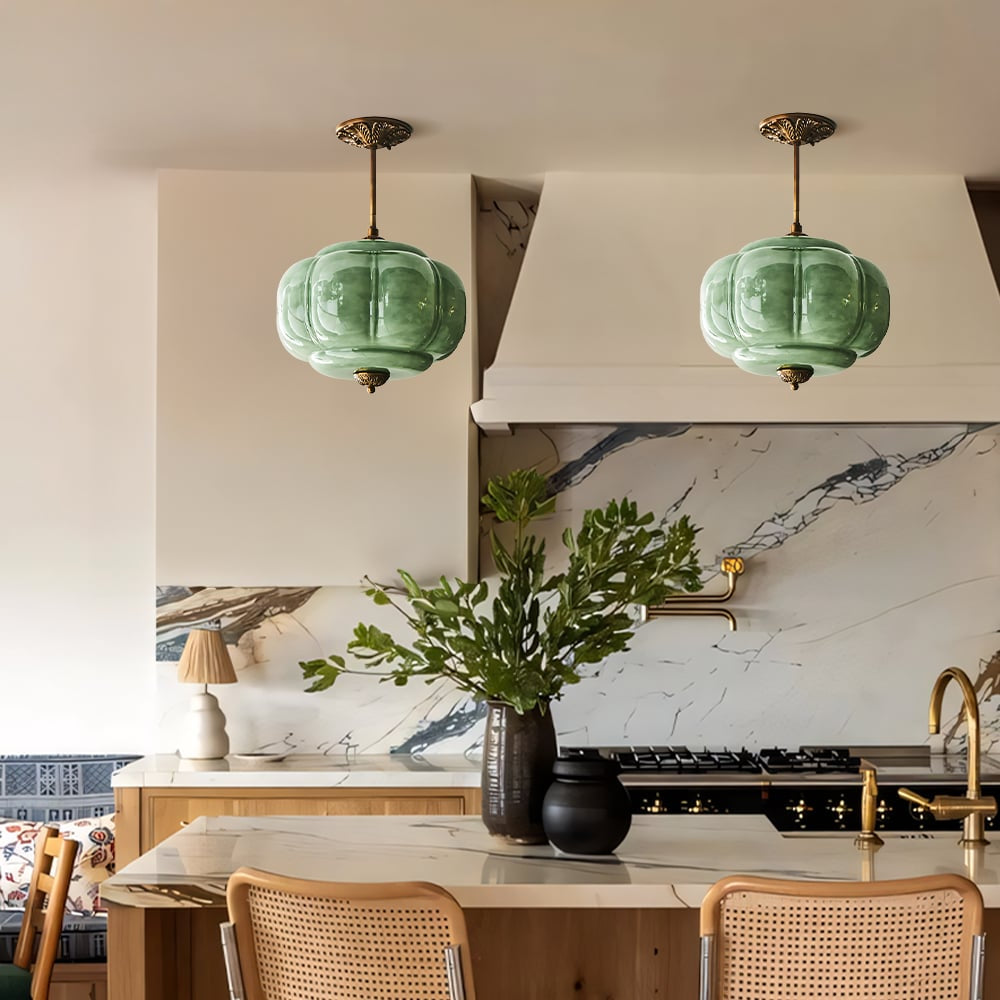 Lumi Antique Brass Green Glass Pumpkin Semi-Flush Mount Eloise Pendant