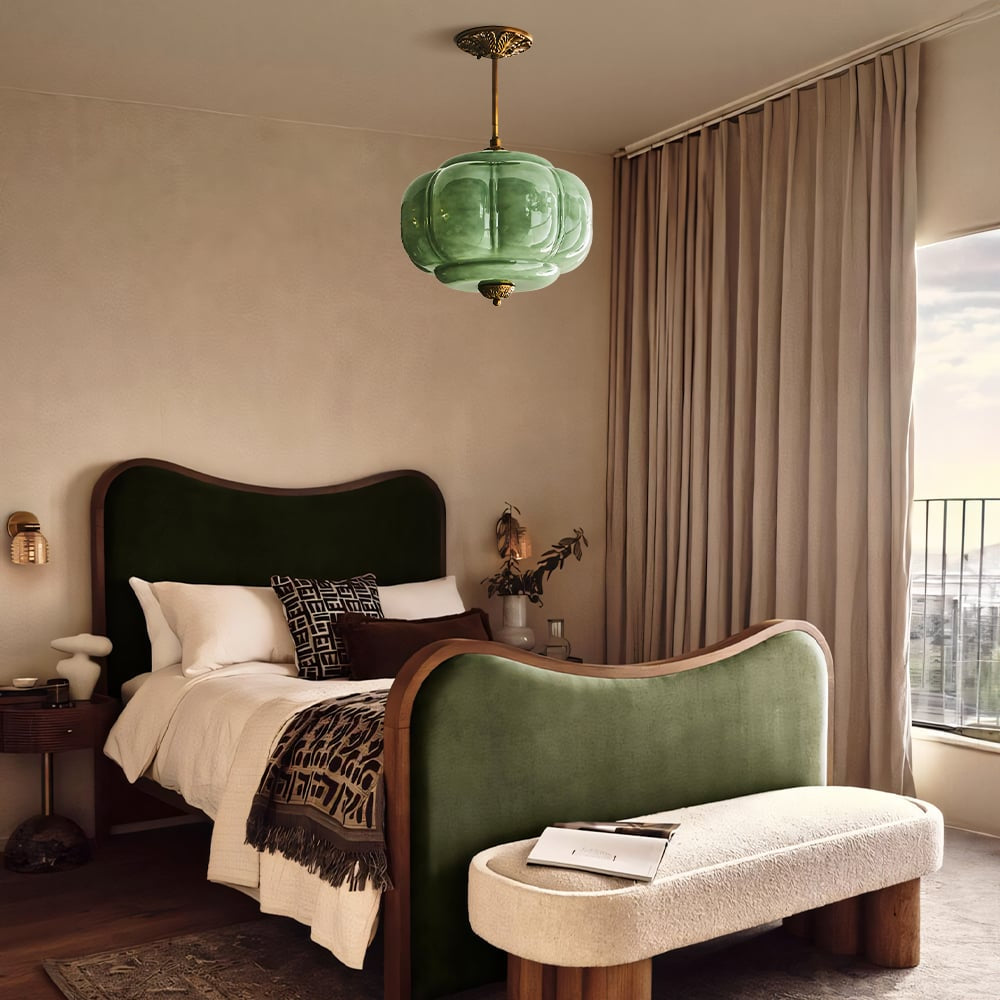 Lumi Antique Brass Green Glass Pumpkin Semi-Flush Mount Eloise Pendant