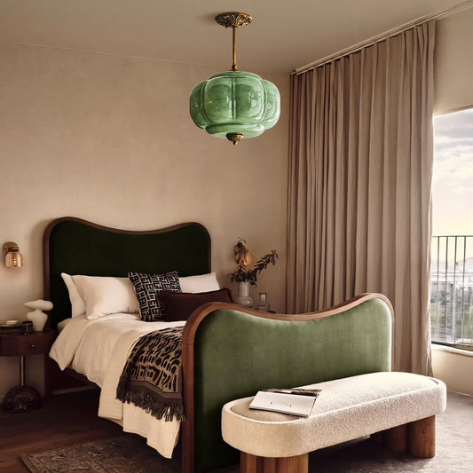 Lumi Antique Brass Green Glass Pumpkin Semi-Flush Mount Eloise Pendant