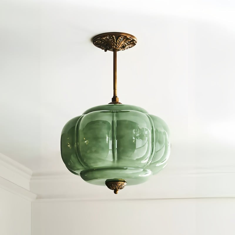 Lumi Antique Brass Green Glass Pumpkin Semi-Flush Mount Eloise Pendant