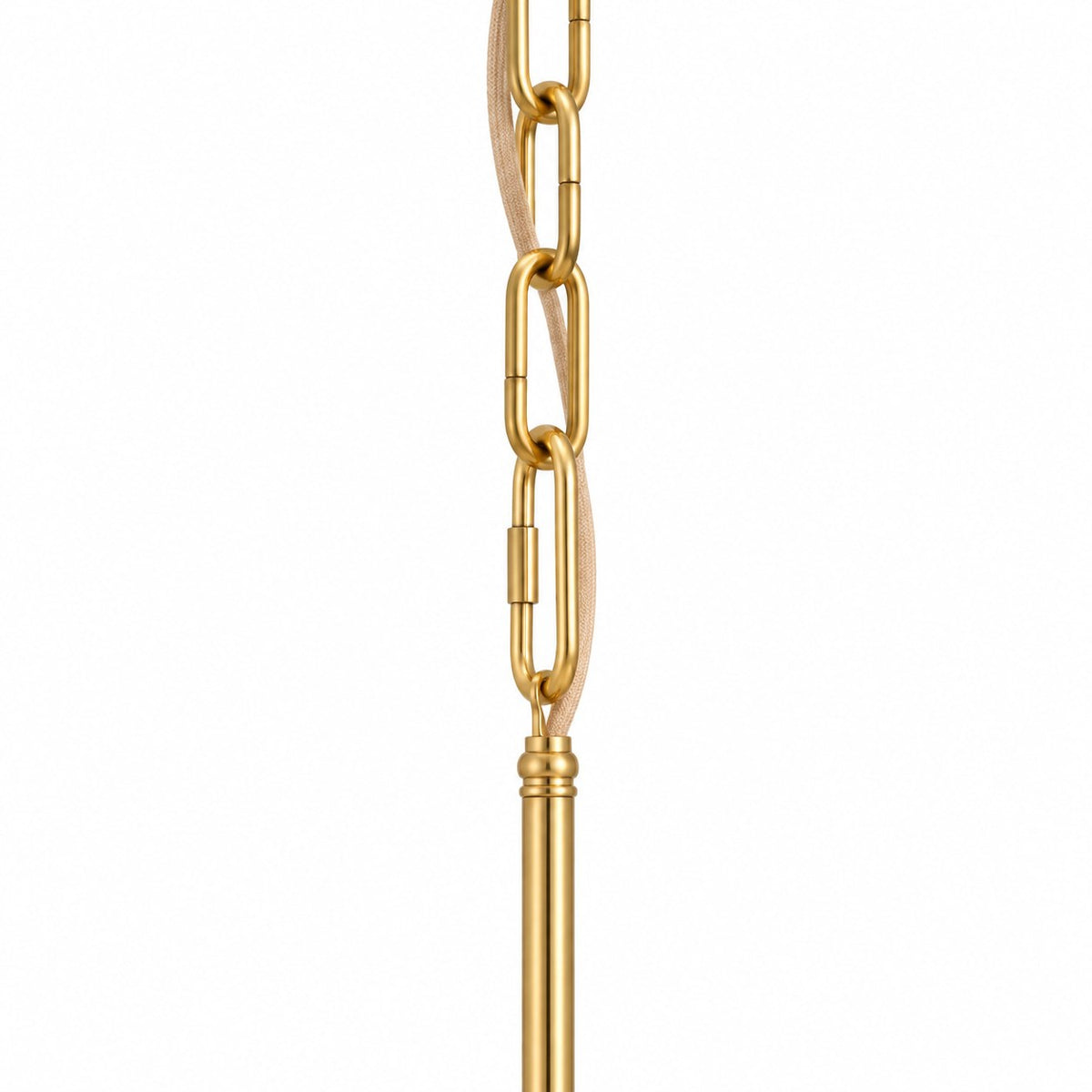 Close view of the oval-link antique brass chain and tan cord