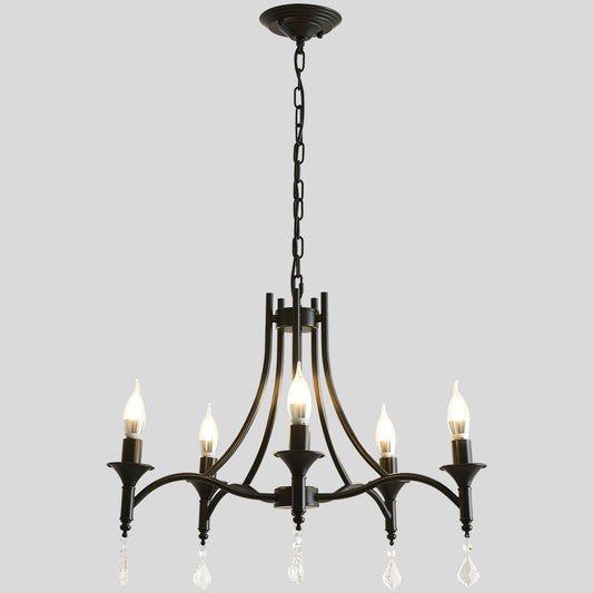 Vintage Black Iron Crystal Drop Candle Chandelier