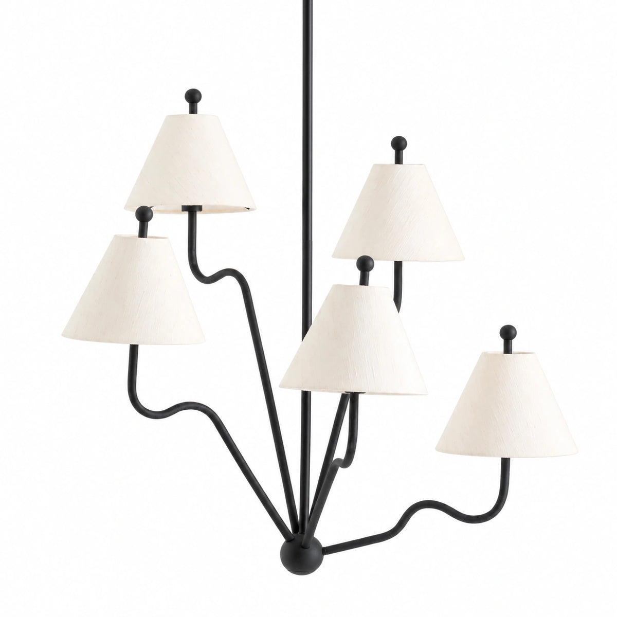 Isolde black iron and silk five arm chandelier on white