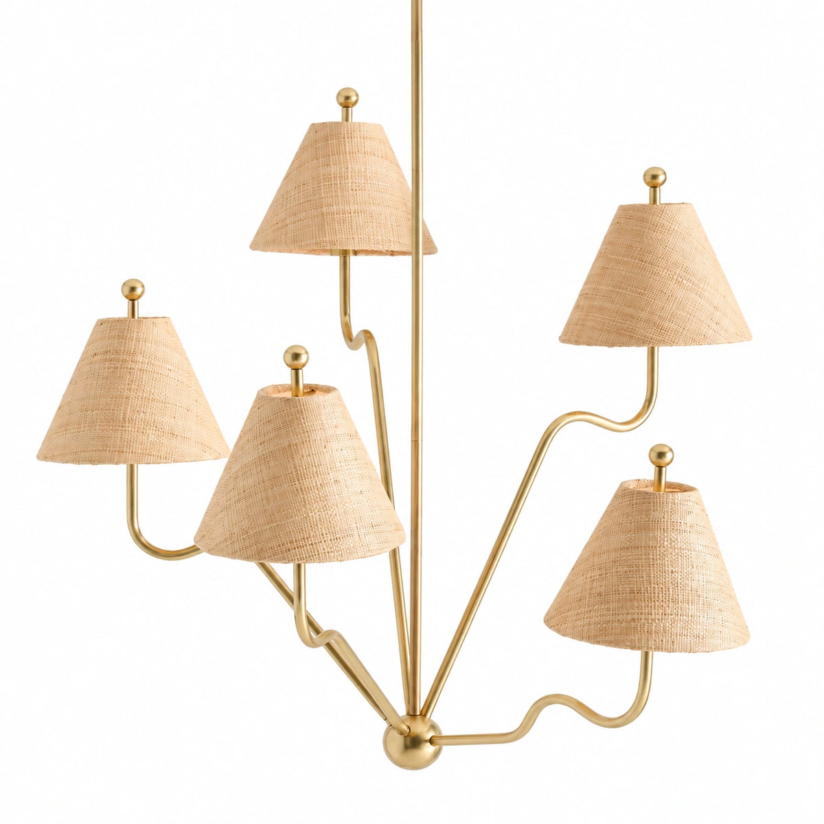 Isolde brass and raffia five arm chandelier on white