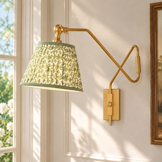 Brennan Modern Pleated Fabric Swing Arm Wall Light, green shade by a window