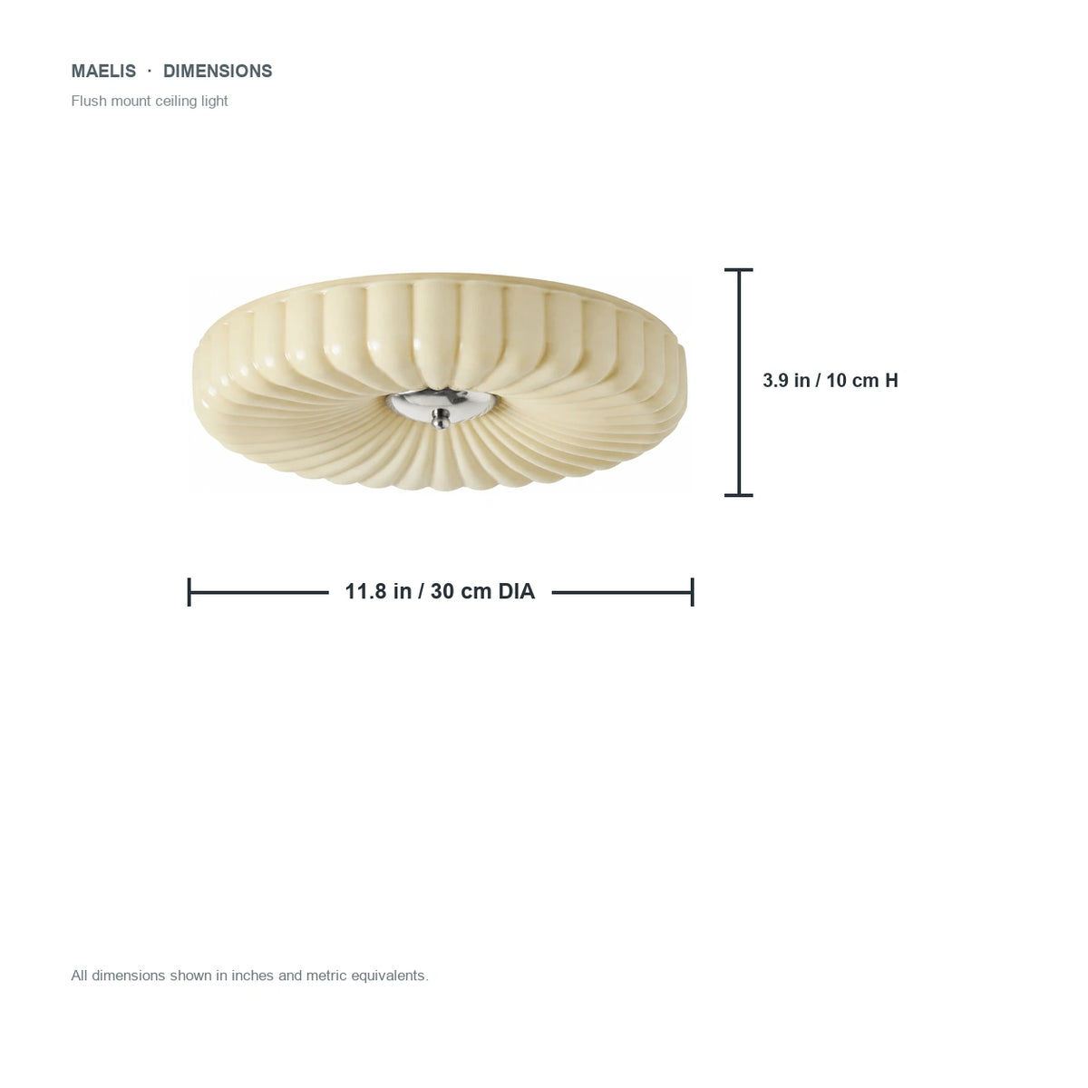 Maelis 30 cm flush mount dimension diagram with the height label placed outside the fixture