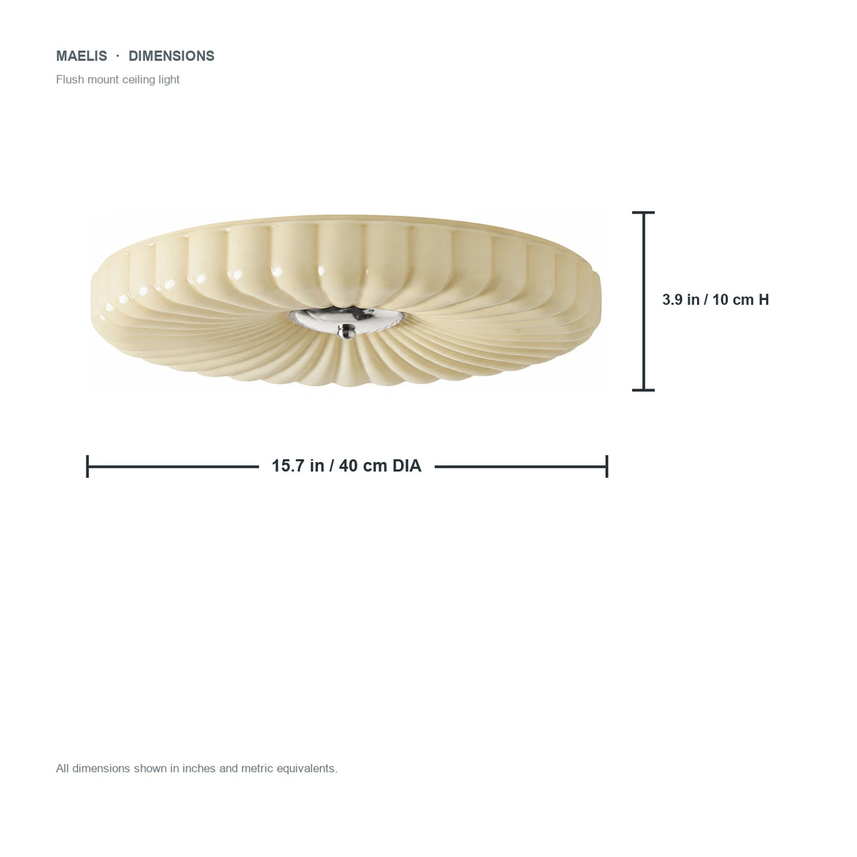 Maelis 40 cm flush mount dimension diagram with the height label placed outside the fixture