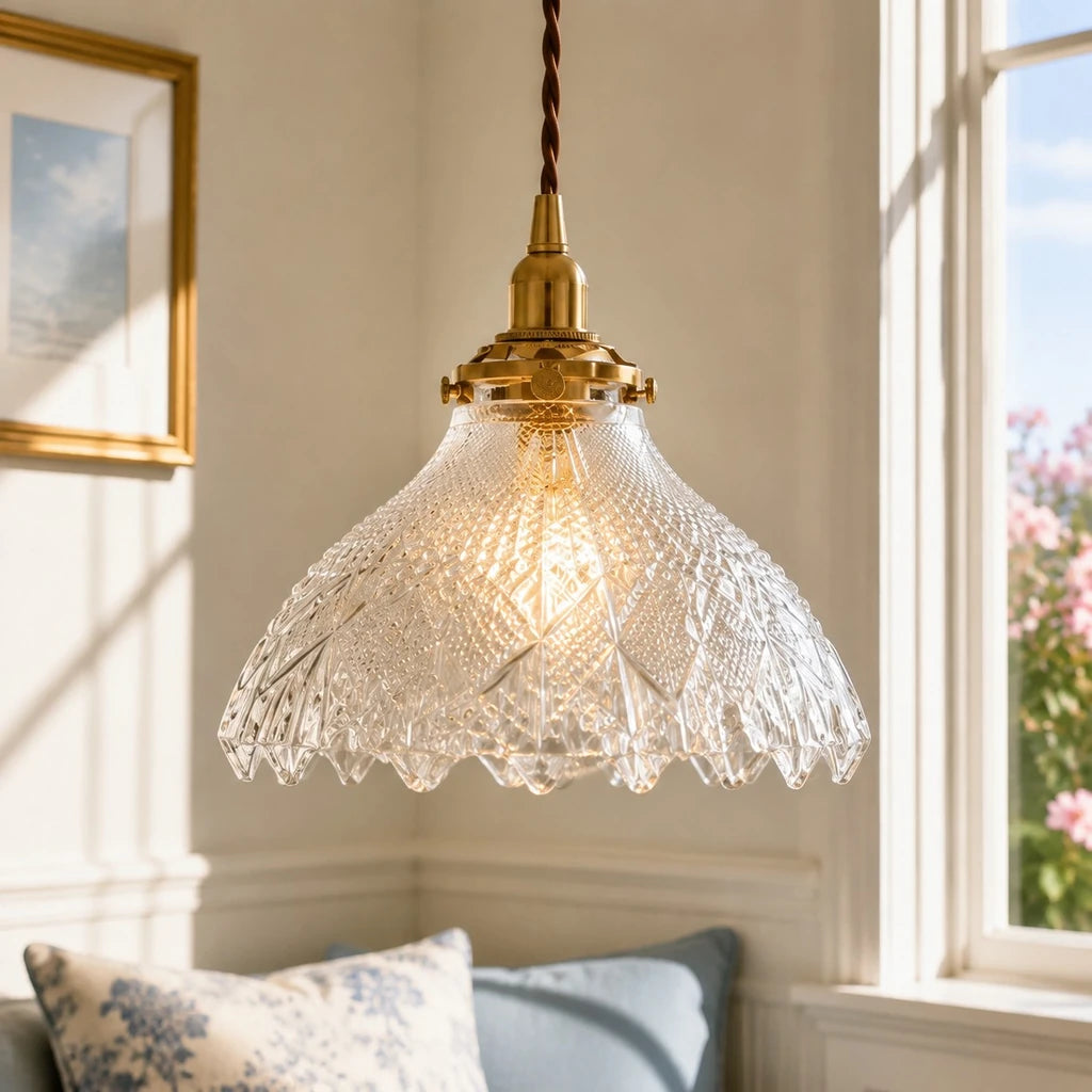 Caelis Vintage Textured Glass Flower Pendant Light - Clear Glass & Brass product cover