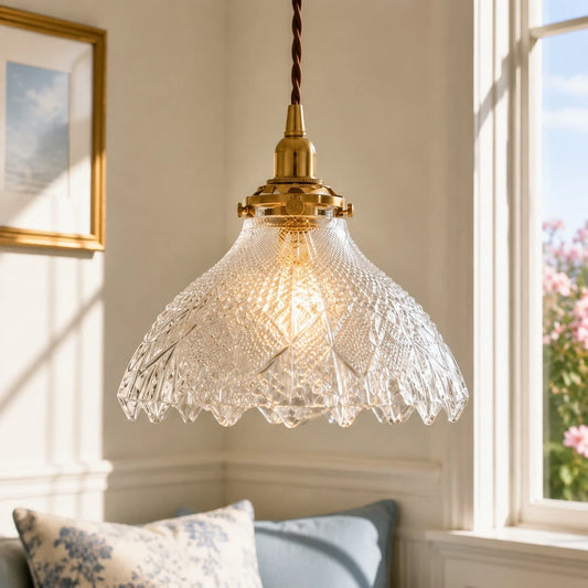 Caelis Vintage Textured Glass Flower Pendant Light - Clear Glass & Brass product cover