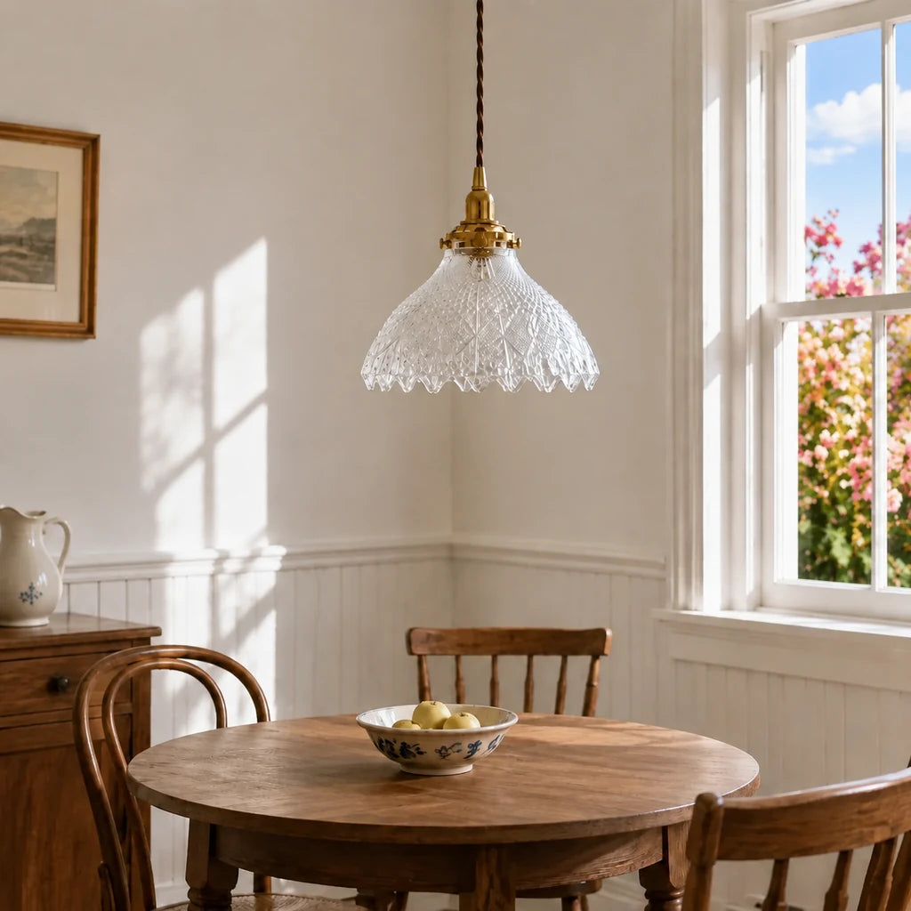 Caelis Vintage Textured Glass Flower Pendant Light - Clear Glass & Brass room scene 1