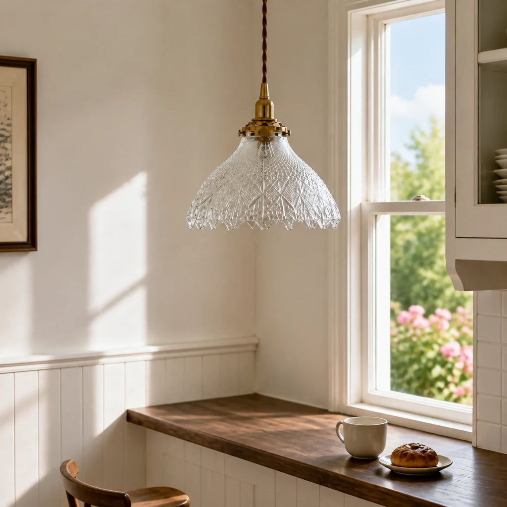 Caelis Vintage Textured Glass Flower Pendant Light - Clear Glass & Brass room scene 2