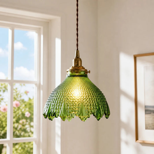 Caelis Vintage Textured Glass Flower Pendant Light - Green Glass & Brass product cover