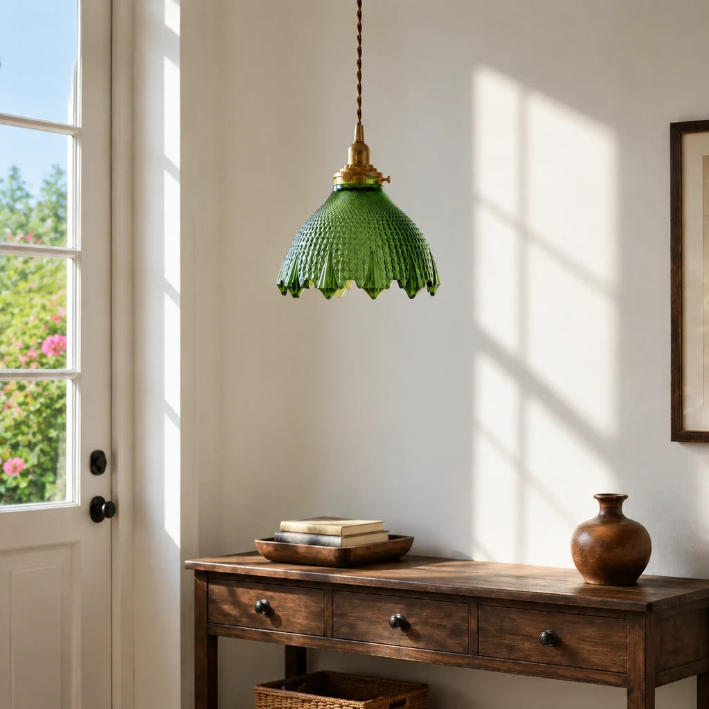 Caelis Vintage Textured Glass Flower Pendant Light - Green Glass & Brass room scene 2
