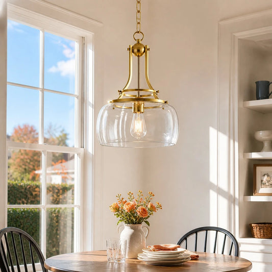 Helios Rustic Round Gold Clear Glass Pendant Light - Clear Glass & Gold room scene 1
