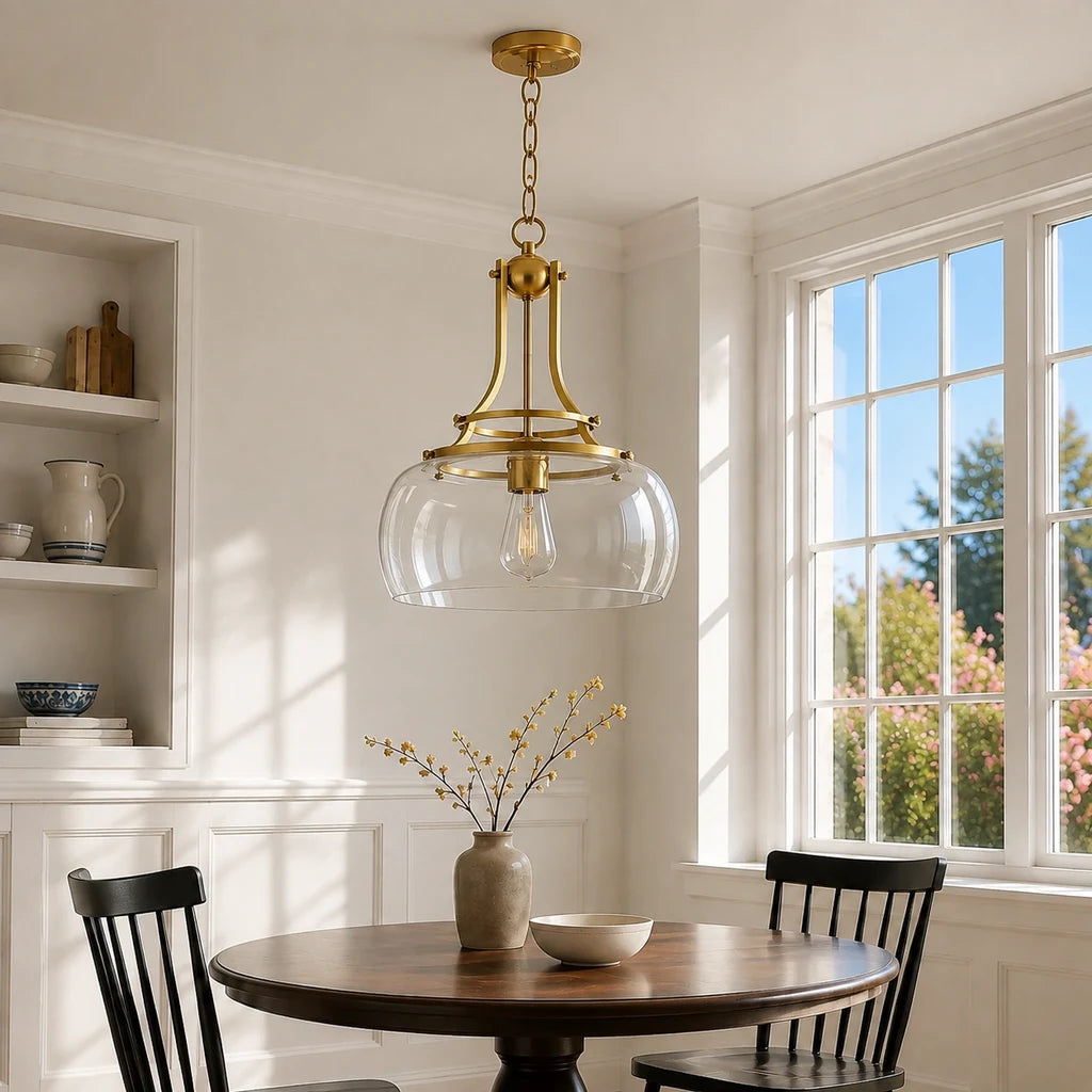 Helios Rustic Round Gold Clear Glass Pendant Light - Clear Glass & Gold room scene 2
