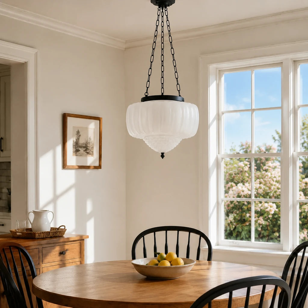 Triton Mid-Century Modern Milk Glass Pendant Light - Opal Glass & Matte Black room scene 2