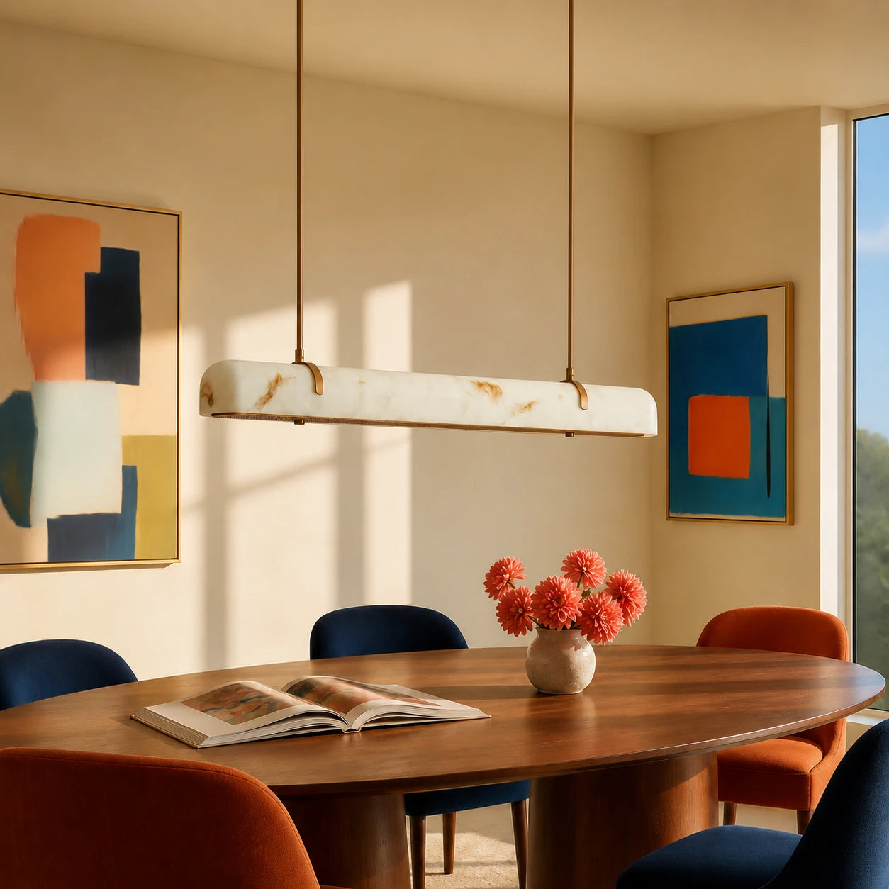 Marielle linear veined glass chandelier in a colorful modern dining room